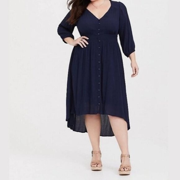torrid Dresses & Skirts - Torrid Women's Button Front High Low A-line Midi Dress Navy Blue Size 2X